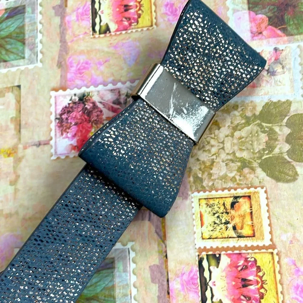 H &M Faux Leather Snake Skin Gray Gold Glitter Bow Belt #725950